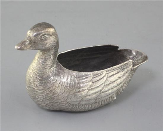 A Victorian novelty silver salt, modelled as a duck, by George Fox, height 63mm.